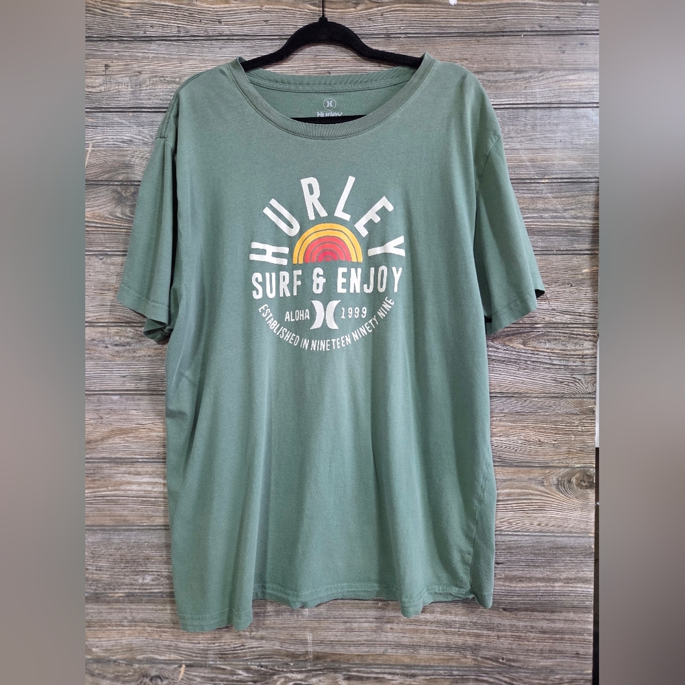 Hurley Surf Graphic Tee Men's XL Sage Green Sunset Logo 100% Cotton Beach - Picture 2 of 4